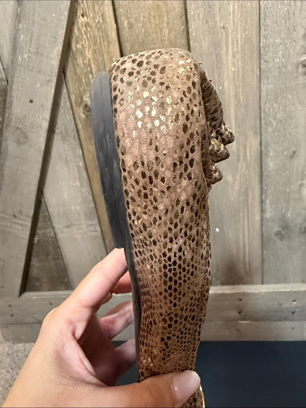 Tory Burch Reva Brown Metallic Snakeskin Leather Ballet Flats Gold Logo Size 9.5